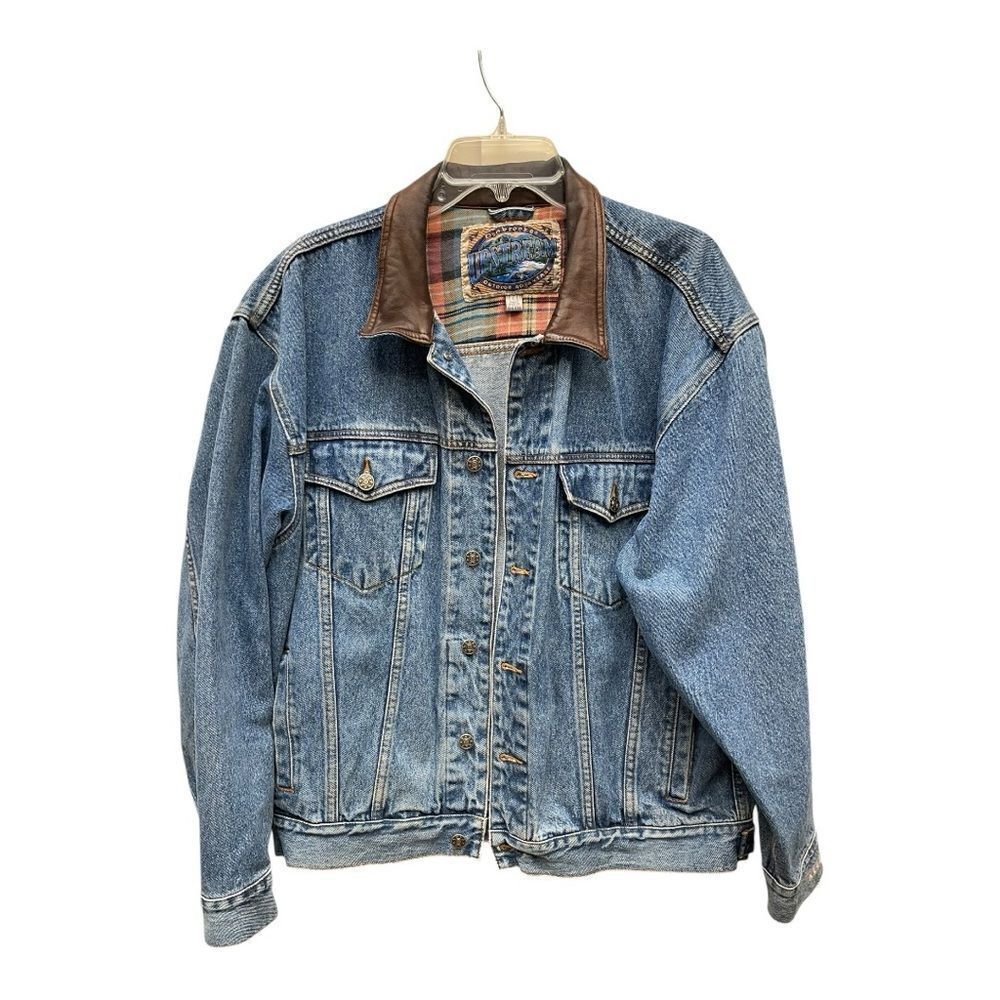 Vintage 90s Streetwear Leather Collar Denim Trucker Jacket Worn in Size Large